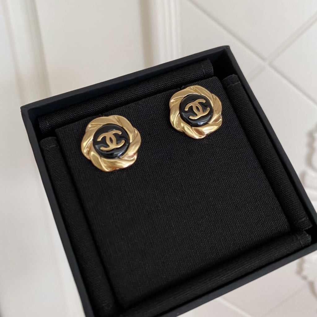 Chanel Double C Mini Stud Gold Black Earrings - product view 3
