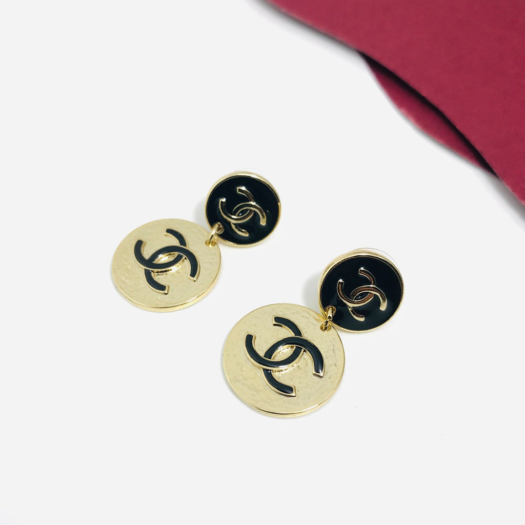 Chanel Double C Black Enamel Gold Drop Earrings - product view 2