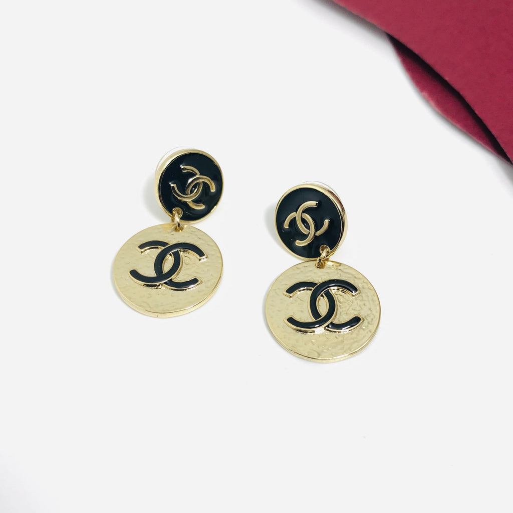 Chanel Double C Black Enamel Gold Drop Earrings - product view 3