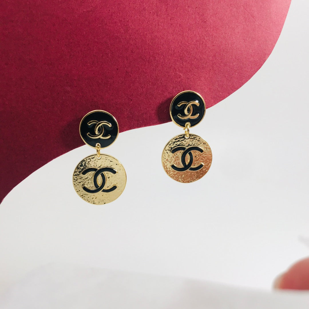 Chanel Double C Black Enamel Gold Drop Earrings - product view 4