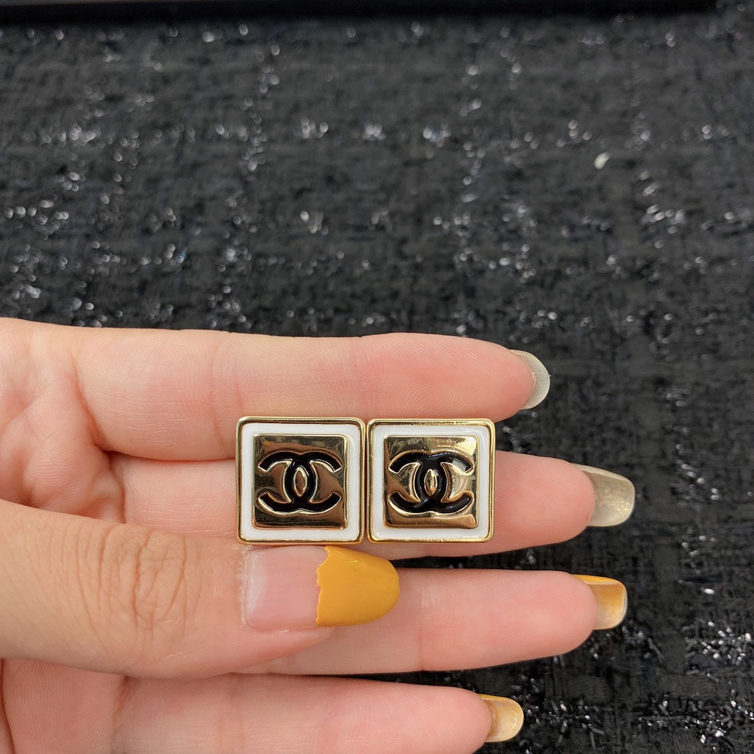 Chanel Square Gold Black Stud Earrings - product view 2