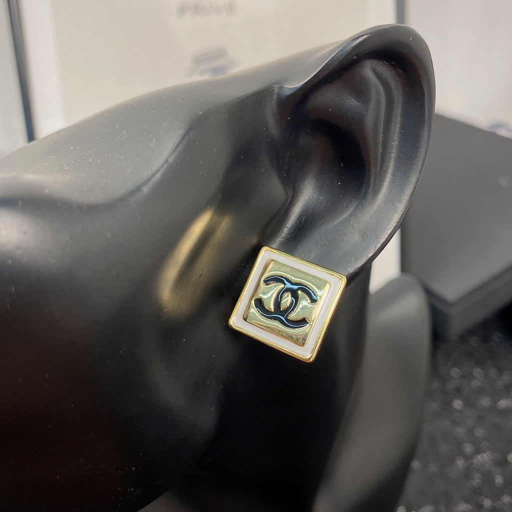 Chanel Square Gold Black Stud Earrings - product view 4