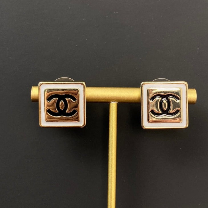 Chanel Square Gold Black Stud Earrings - product view 1