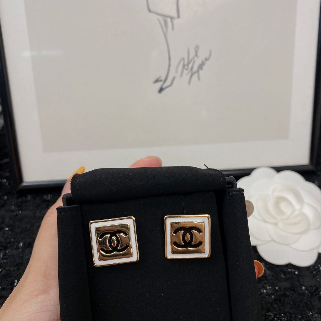 Chanel Square Gold Black Stud Earrings - product view 7