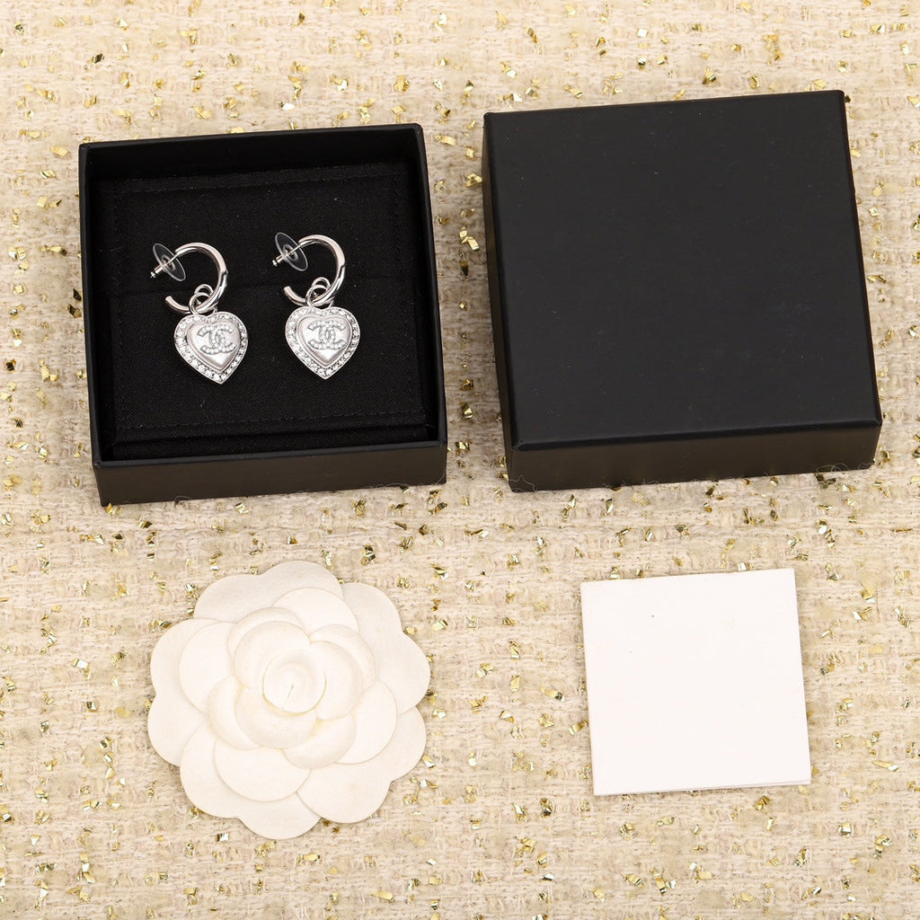 Chanel Double C Drop Heart Silver Diamonds Earrings - product view 6