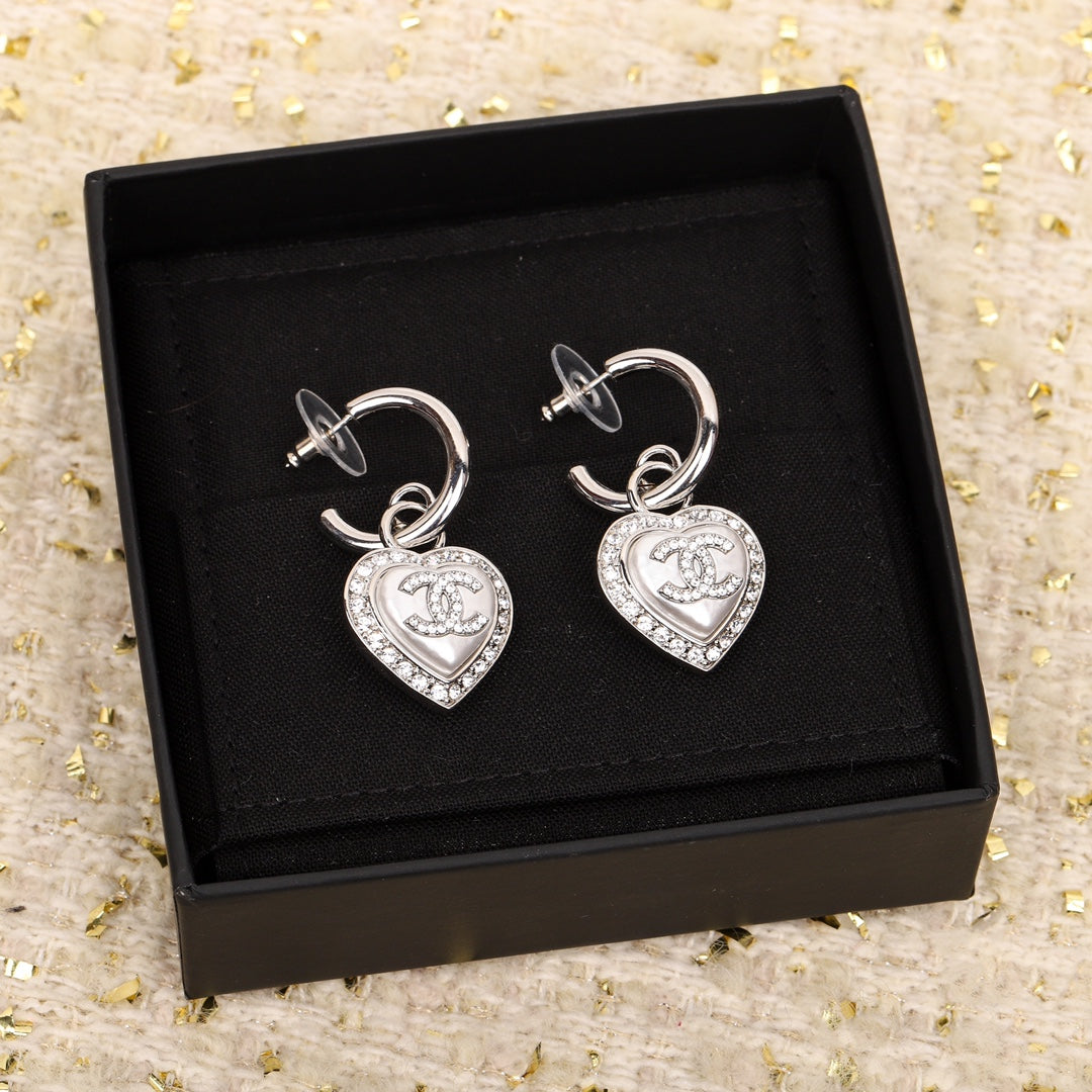 Chanel Double C Drop Heart Silver Diamonds Earrings - product view 1