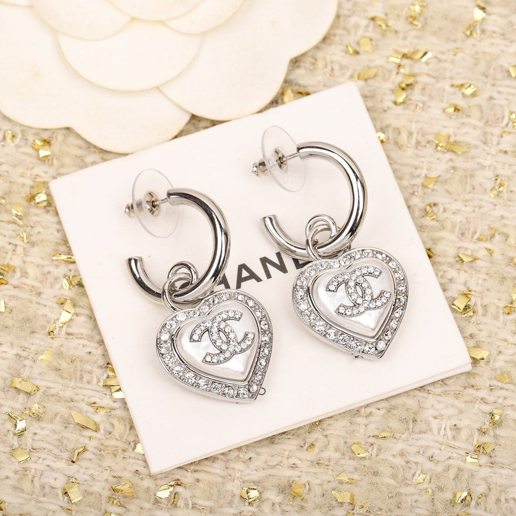 Chanel Double C Drop Heart Silver Diamonds Earrings - product view 2