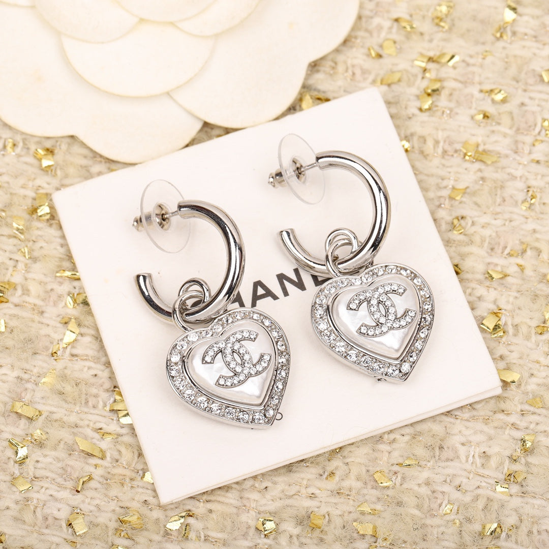Chanel Double C Drop Heart Silver Diamonds Earrings - product view 2