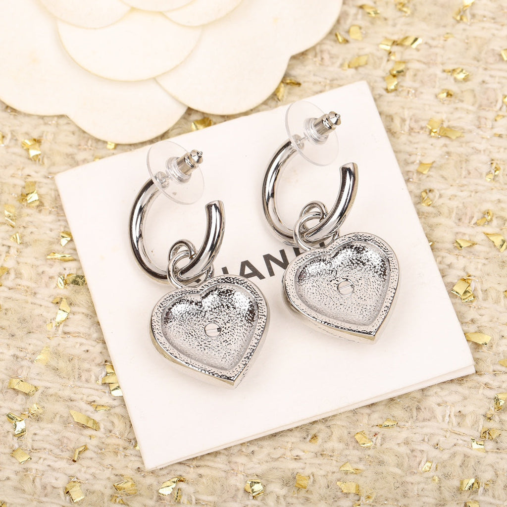 Chanel Double C Drop Heart Silver Diamonds Earrings - product view 3