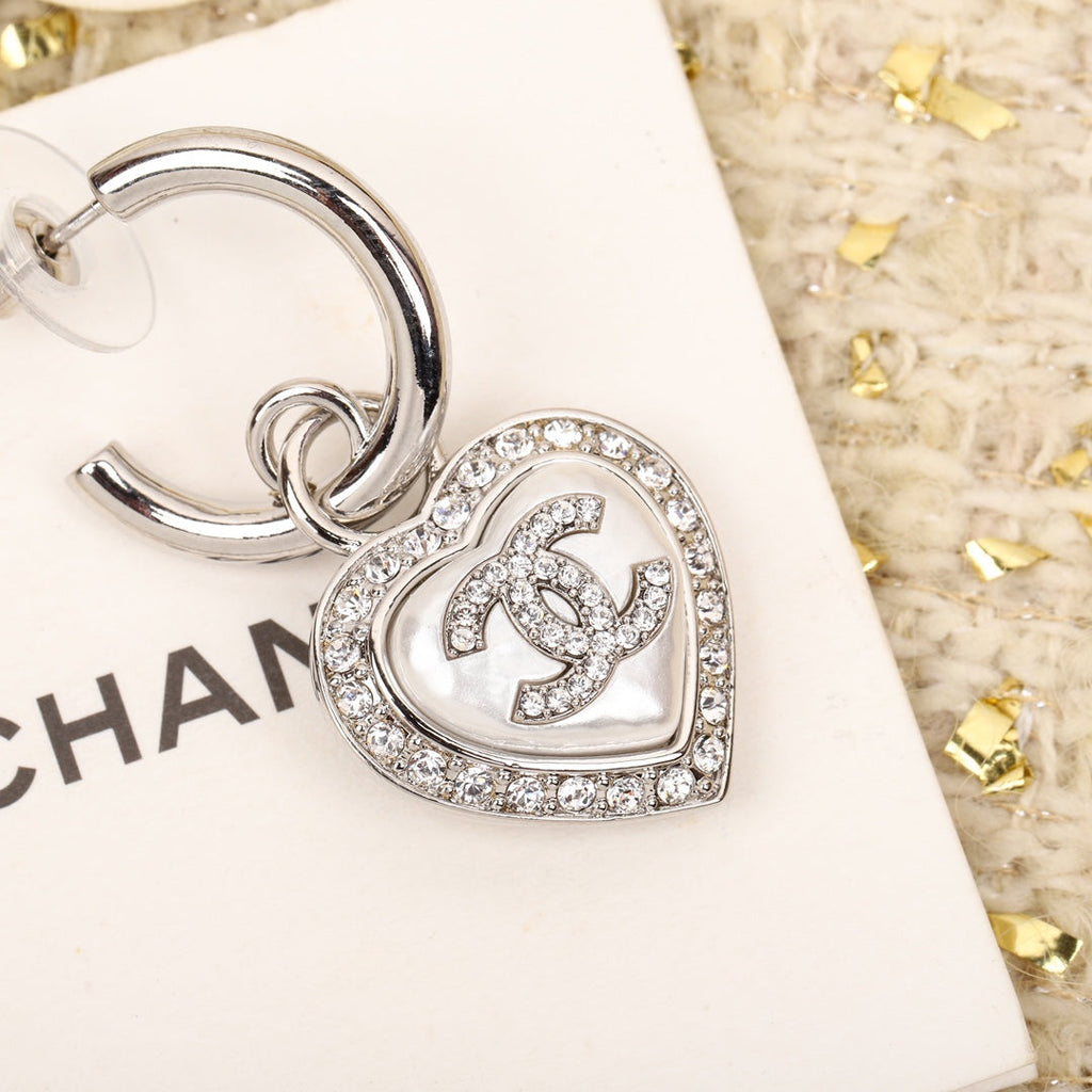 Chanel Double C Drop Heart Silver Diamonds Earrings - product view 4
