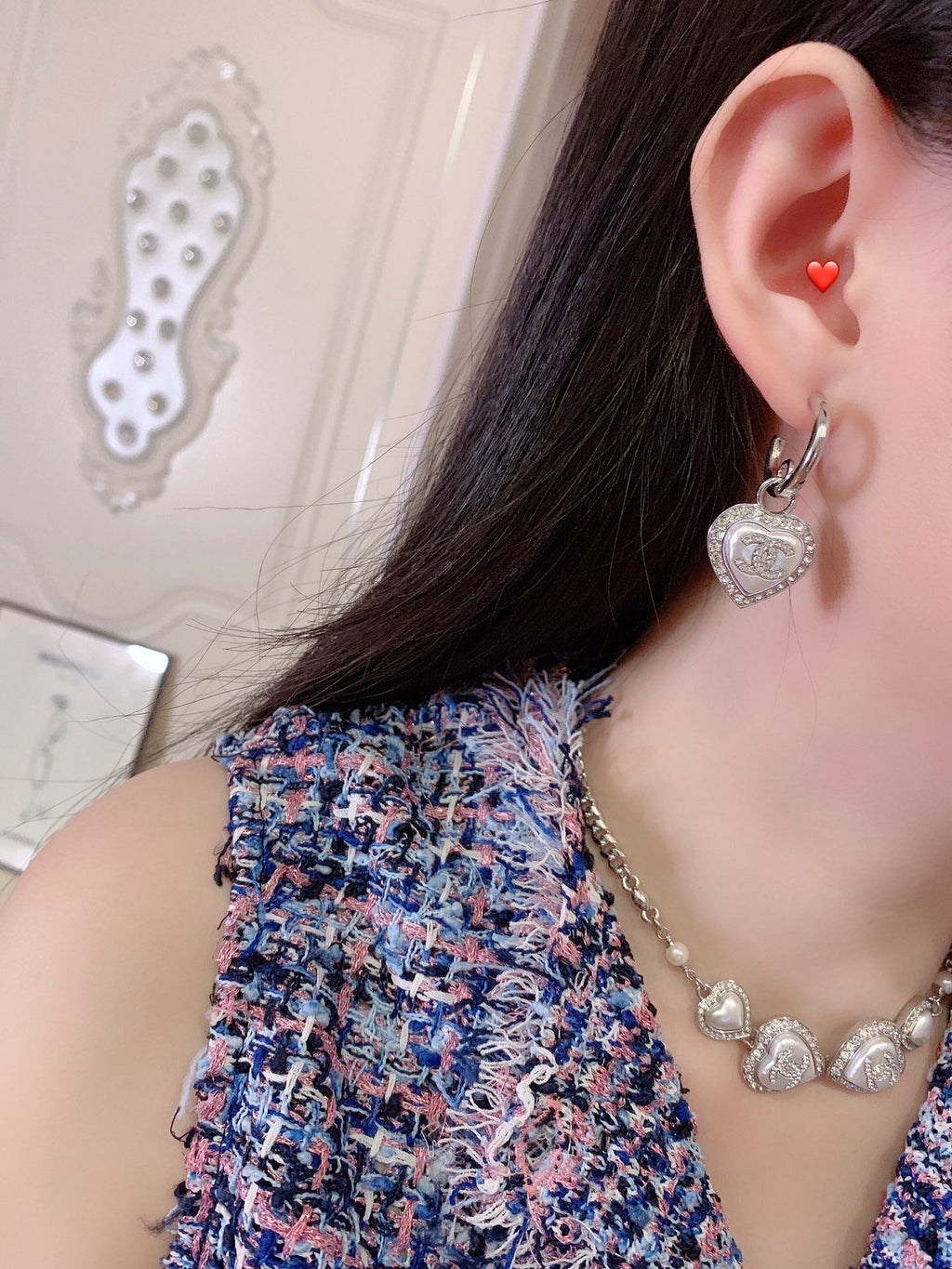 Chanel Double C Drop Heart Silver Diamonds Earrings - product view 7