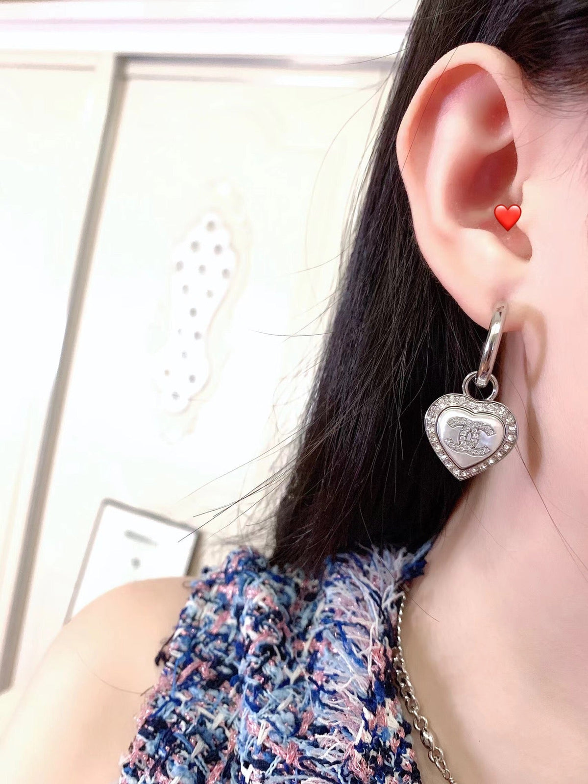Chanel Double C Drop Heart Silver Diamonds Earrings - product view 9